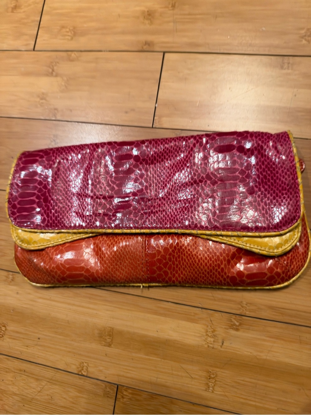 Multicolor Faux-Snakeskin Fold-Over Clutch - Pink, Orange & Yellow